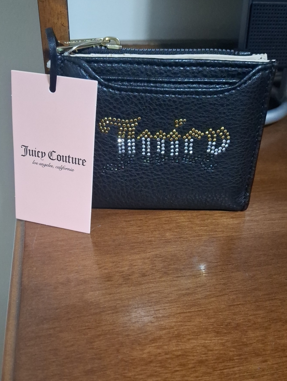 Juicy Couture Black Ombre Rhinestone Logo Cardholder with Gold Accents